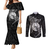 French Polynesia Manta Ray Tattoo Couples Matching Mermaid Dress and Long Sleeve Button Shirt Tahiti Hahalua Turtle Shark Black Color LT14 Black - Polynesian Pride