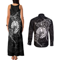 French Polynesia Manta Ray Tattoo Couples Matching Tank Maxi Dress and Long Sleeve Button Shirt Tahiti Hahalua Turtle Shark Black Color