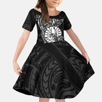 French Polynesia Manta Ray Tattoo Family Matching Short Sleeve Bodycon Dress and Hawaiian Shirt Tahiti Hahalua Turtle Shark Black Color LT14 Daughter's Dress Black - Polynesian Pride