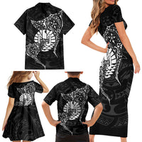 French Polynesia Manta Ray Tattoo Family Matching Short Sleeve Bodycon Dress and Hawaiian Shirt Tahiti Hahalua Turtle Shark Black Color LT14 - Polynesian Pride