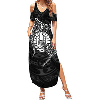 French Polynesia Manta Ray Tattoo Family Matching Summer Maxi Dress and Hawaiian Shirt Tahiti Hahalua Turtle Shark Black Color LT14 Mom's Dress Black - Polynesian Pride