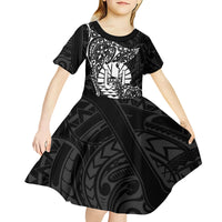 French Polynesia Manta Ray Tattoo Kid Short Sleeve Dress Tahiti Hahalua Turtle Shark Black Color