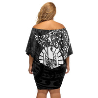 French Polynesia Manta Ray Tattoo Off Shoulder Short Dress Tahiti Hahalua Turtle Shark Black Color