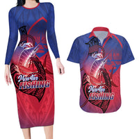 Guam Blue Marlin Fishing Couples Matching Long Sleeve Bodycon Dress and Hawaiian Shirt Guahan Fish Hook Tattoo LT14 Blue - Polynesian Pride