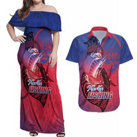 Guam Blue Marlin Fishing Couples Matching Off Shoulder Maxi Dress and Hawaiian Shirt Guahan Fish Hook Tattoo