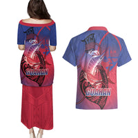 Guam Blue Marlin Fishing Couples Matching Puletasi and Hawaiian Shirt Guahan Fish Hook Tattoo