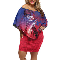 Guam Blue Marlin Fishing Family Matching Off Shoulder Short Dress and Hawaiian Shirt Guahan Fish Hook Tattoo LT14 Mom's Dress Blue - Polynesian Pride