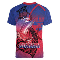 Guam Blue Marlin Fishing Women V-Neck T-Shirt Guahan Fish Hook Tattoo