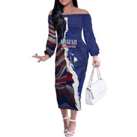 Personalized Hawaii Statehood Day Family Matching Off The Shoulder Long Sleeve Dress and Hawaiian Shirt 66th Anniversary LT14 Mom's Dress Blue - Polynesian Pride