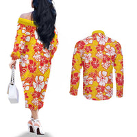 Yellow Hawaii Hibiscus Couples Matching Off The Shoulder Long Sleeve Dress and Long Sleeve Button Shirt Tropical Flowers Seamless Pattern - Polynesian Pride