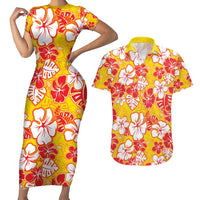 Yellow Hawaii Hibiscus Couples Matching Short Sleeve Bodycon Dress and Hawaiian Shirt Tropical Flowers Seamless Pattern - Polynesian Pride