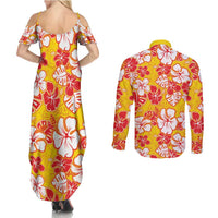 Yellow Hawaii Hibiscus Couples Matching Summer Maxi Dress and Long Sleeve Button Shirt Tropical Flowers Seamless Pattern - Polynesian Pride
