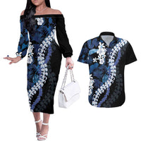 Polu Aloha Hawaii Lei Couples Matching Off The Shoulder Long Sleeve Dress and Hawaiian Shirt Tropical Flowers Elegant Vibe LT14 Blue - Polynesian Pride