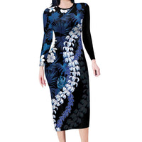 Polu Aloha Hawaii Lei Family Matching Long Sleeve Bodycon Dress and Hawaiian Shirt Tropical Flowers Elegant Vibe LT14 Mom's Dress Blue - Polynesian Pride