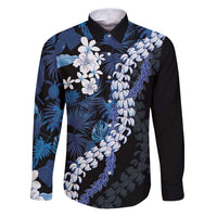 Polu Aloha Hawaii Lei Family Matching Puletasi and Hawaiian Shirt Tropical Flowers Elegant Vibe LT14 Dad's Shirt - Long Sleeve Blue - Polynesian Pride