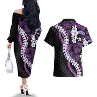 Poni Aloha Hawaii Lei Couples Matching Off The Shoulder Long Sleeve Dress and Hawaiian Shirt Tropical Flowers Elegant Vibe LT14 - Polynesian Pride