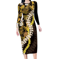 Kula Aloha Hawaii Lei Family Matching Long Sleeve Bodycon Dress and Hawaiian Shirt Tropical Flowers Elegant Vibe LT14 Mom's Dress Gold - Polynesian Pride