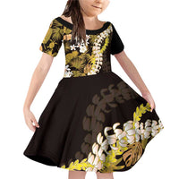 Kula Aloha Hawaii Lei Family Matching Off Shoulder Short Dress and Hawaiian Shirt Tropical Flowers Elegant Vibe LT14 Daughter's Dress Gold - Polynesian Pride