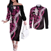 Akala Aloha Hawaii Lei Couples Matching Off The Shoulder Long Sleeve Dress and Long Sleeve Button Shirt Tropical Flowers Elegant Vibe - Polynesian Pride