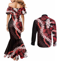 Ulaula Aloha Hawaii Lei Couples Matching Mermaid Dress and Long Sleeve Button Shirt Tropical Flowers Elegant Vibe - Polynesian Pride