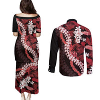 Ulaula Aloha Hawaii Lei Couples Matching Puletasi and Long Sleeve Button Shirt Tropical Flowers Elegant Vibe LT14 - Polynesian Pride