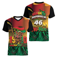 Vanuatu Independence Day Women V-Neck T-Shirt Chibi Boar Proud To Be A Ni-Van