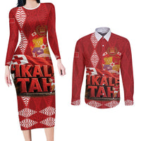 Tonga Rugby Custom Couples Matching Long Sleeve Bodycon Dress and Long Sleeve Button Shirt 2026 Go Ikale Tahi Ngatu Pattern LT14 Red - Polynesian Pride
