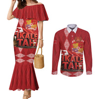 Tonga Rugby Custom Couples Matching Mermaid Dress and Long Sleeve Button Shirt 2026 Go Ikale Tahi Ngatu Pattern LT14 Red - Polynesian Pride
