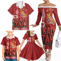 Tonga Rugby Custom Family Matching Off The Shoulder Long Sleeve Dress and Hawaiian Shirt 2026 Go Ikale Tahi Ngatu Pattern LT14 - Polynesian Pride