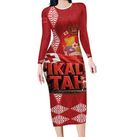 Tonga Rugby Custom Long Sleeve Bodycon Dress 2026 Go Ikale Tahi Ngatu Pattern LT14 Long Dress Red - Polynesian Pride