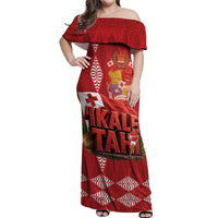 Tonga Rugby Custom Off Shoulder Maxi Dress 2026 Go Ikale Tahi Ngatu Pattern LT14 Women Red - Polynesian Pride