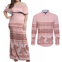 Pastel Pink Samoa Siapo Teuila Flowers Couples Matching Off Shoulder Maxi Dress and Long Sleeve Button Shirt - Polynesian Pride
