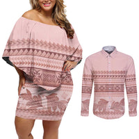 Pastel Pink Samoa Siapo Teuila Flowers Couples Matching Off Shoulder Short Dress and Long Sleeve Button Shirt - Polynesian Pride