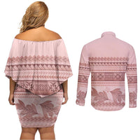 Pastel Pink Samoa Siapo Teuila Flowers Couples Matching Off Shoulder Short Dress and Long Sleeve Button Shirt - Polynesian Pride