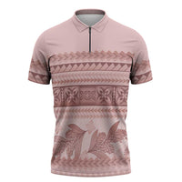 Pastel Pink Samoa Siapo Teuila Flowers Zipper Polo Shirt - Polynesian Pride