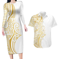 Polynesia White Sunday Couples Matching Long Sleeve Bodycon Dress and Hawaiian Shirt Plumeria Polynesian Tribal Gold Color LT14 White - Polynesian Pride