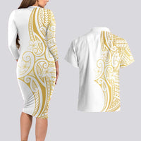 Polynesia White Sunday Couples Matching Long Sleeve Bodycon Dress and Hawaiian Shirt Plumeria Polynesian Tribal Gold Color LT14 - Polynesian Pride