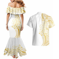Polynesia White Sunday Couples Matching Mermaid Dress and Hawaiian Shirt Plumeria Polynesian Tribal Gold Color LT14 - Polynesian Pride
