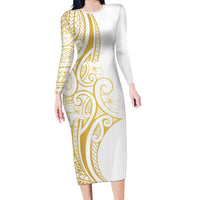 Polynesia White Sunday Family Matching Long Sleeve Bodycon Dress and Hawaiian Shirt Plumeria Polynesian Tribal Gold Color LT14 Mom's Dress White - Polynesian Pride