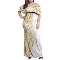 Polynesia White Sunday Family Matching Off Shoulder Maxi Dress and Hawaiian Shirt Plumeria Polynesian Tribal Gold Color LT14 Mom's Dress White - Polynesian Pride