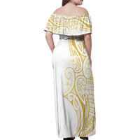 Polynesia White Sunday Family Matching Off Shoulder Maxi Dress and Hawaiian Shirt Plumeria Polynesian Tribal Gold Color LT14 - Polynesian Pride