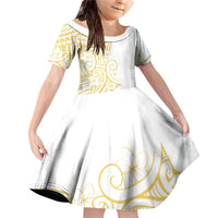 Polynesia White Sunday Family Matching Off Shoulder Short Dress and Hawaiian Shirt Plumeria Polynesian Tribal Gold Color LT14 Daughter's Dress White - Polynesian Pride