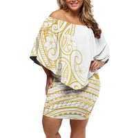 Polynesia White Sunday Family Matching Off Shoulder Short Dress and Hawaiian Shirt Plumeria Polynesian Tribal Gold Color LT14 Mom's Dress White - Polynesian Pride