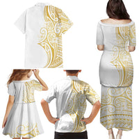 Polynesia White Sunday Family Matching Puletasi and Hawaiian Shirt Plumeria Polynesian Tribal Gold Color LT14 - Polynesian Pride