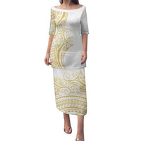 Polynesia White Sunday Family Matching Puletasi and Hawaiian Shirt Plumeria Polynesian Tribal Gold Color LT14 Mom's Dress White - Polynesian Pride