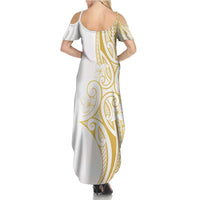 Polynesia White Sunday Family Matching Summer Maxi Dress and Hawaiian Shirt Plumeria Polynesian Tribal Gold Color LT14 - Polynesian Pride