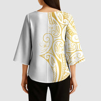 Polynesia White Sunday Kimono Sleeve Blouse Plumeria Polynesian Tribal Gold Color LT14 - Polynesian Pride