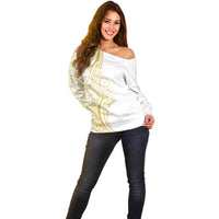 Polynesia White Sunday Off Shoulder Sweater Plumeria Polynesian Tribal Gold Color - Polynesian Pride