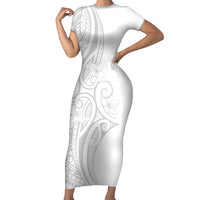 Polynesia White Sunday Family Matching Short Sleeve Bodycon Dress and Hawaiian Shirt Plumeria Polynesian Tribal Grey Color LT14 Mom's Dress White - Polynesian Pride