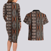 Malo e lelei Tonga Couples Matching Long Sleeve Bodycon Dress and Hawaiian Shirt Tongan Ngatu Vintage Brown - Polynesian Pride